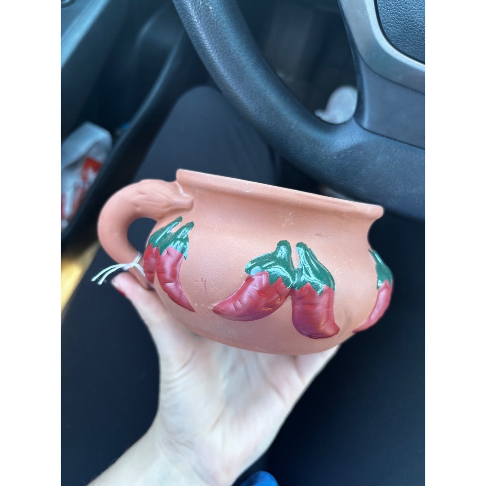 Terracotta Chili Pepper Mug Hand‎ Painted Red Hot Peppers Green Glaze Interior